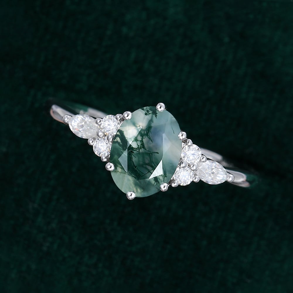 Oval Cut Moss Agate Classic Side Stone Promise Ring