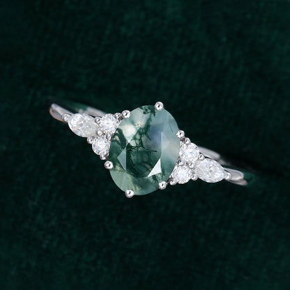 Oval Cut Moss Agate Classic Side Stone Promise Ring