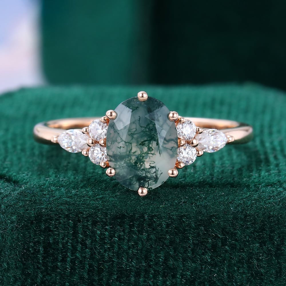 Oval Cut Moss Agate Classic Side Stone Promise Ring