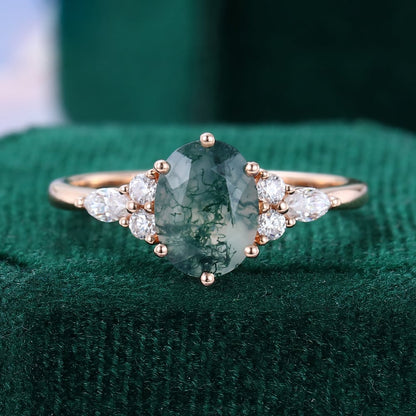 Oval Cut Moss Agate Classic Side Stone Promise Ring