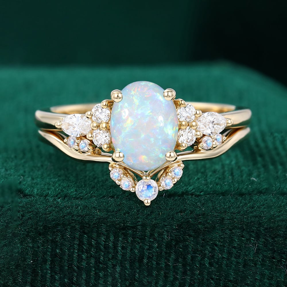 Oval Cut Opal Engagement Ring Set Moonstone Curved Wedding Band Bridal Set