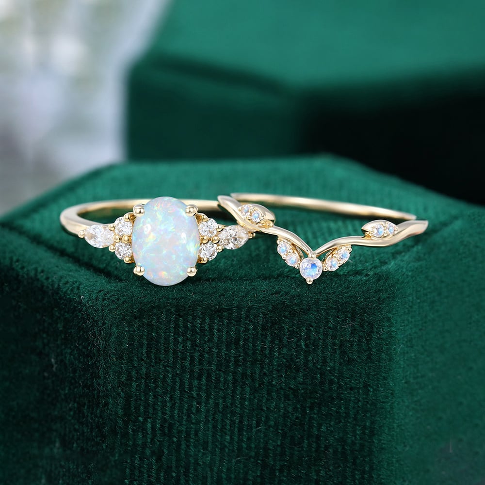 Oval Cut Opal Engagement Ring Set Moonstone Curved Wedding Band Bridal Set