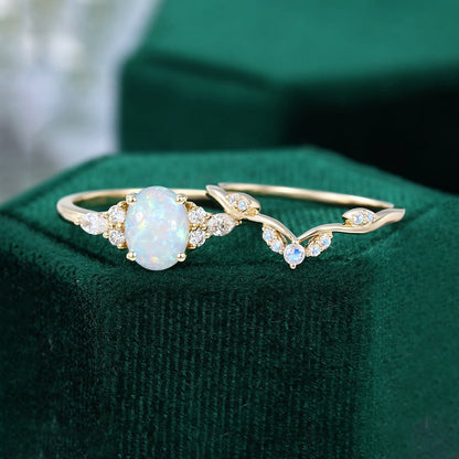 Oval Cut Opal Engagement Ring Set Moonstone Curved Wedding Band Bridal Set