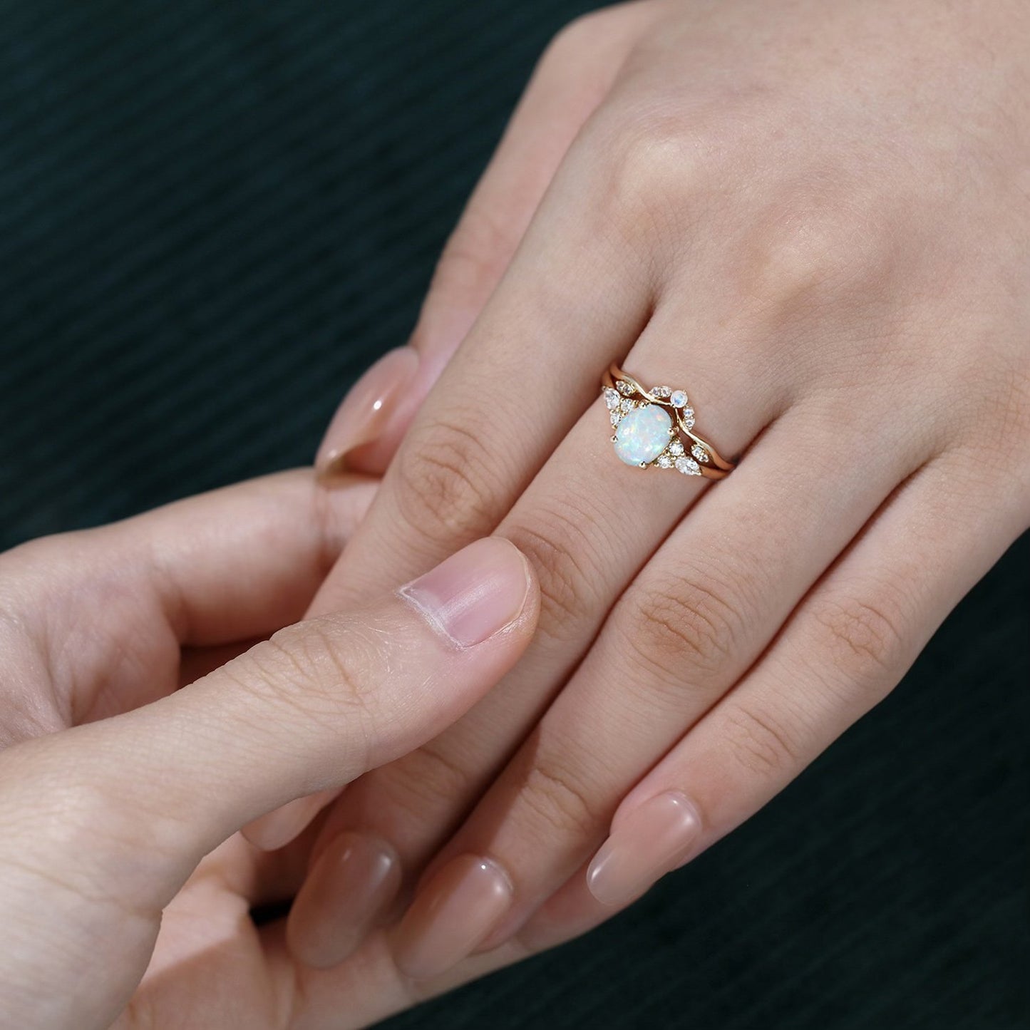 Oval Cut Opal Engagement Ring Set Moonstone Curved Wedding Band Bridal Set