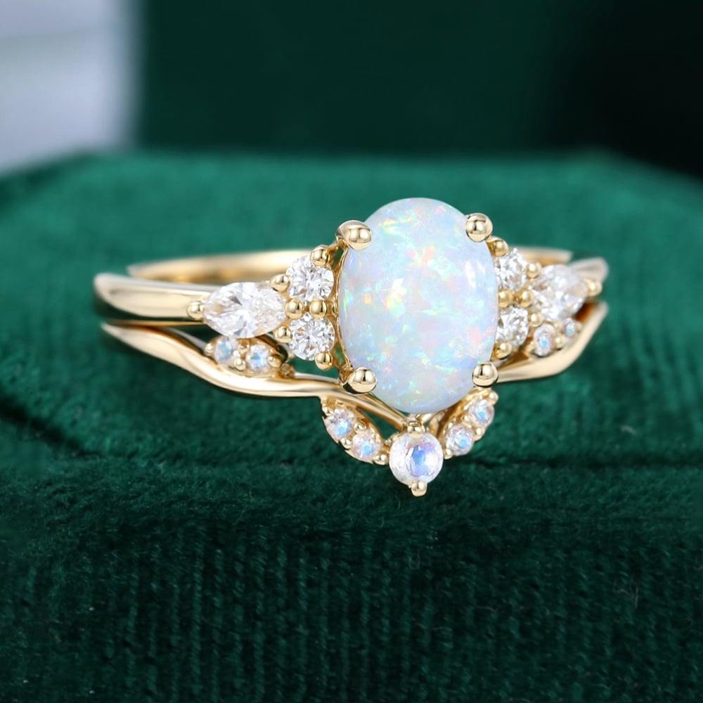 Oval Cut Opal Engagement Ring Set Moonstone Curved Wedding Band Bridal Set