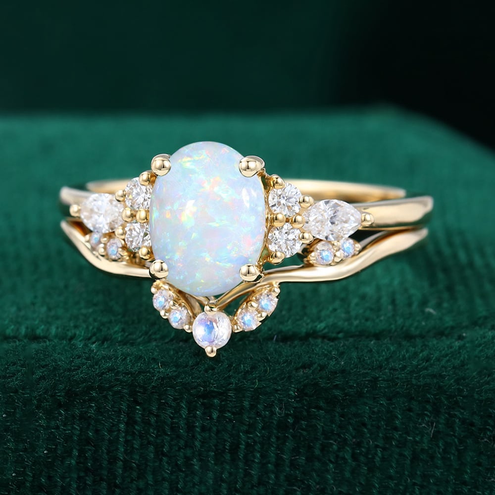 Oval Cut Opal Engagement Ring Set Moonstone Curved Wedding Band Bridal Set
