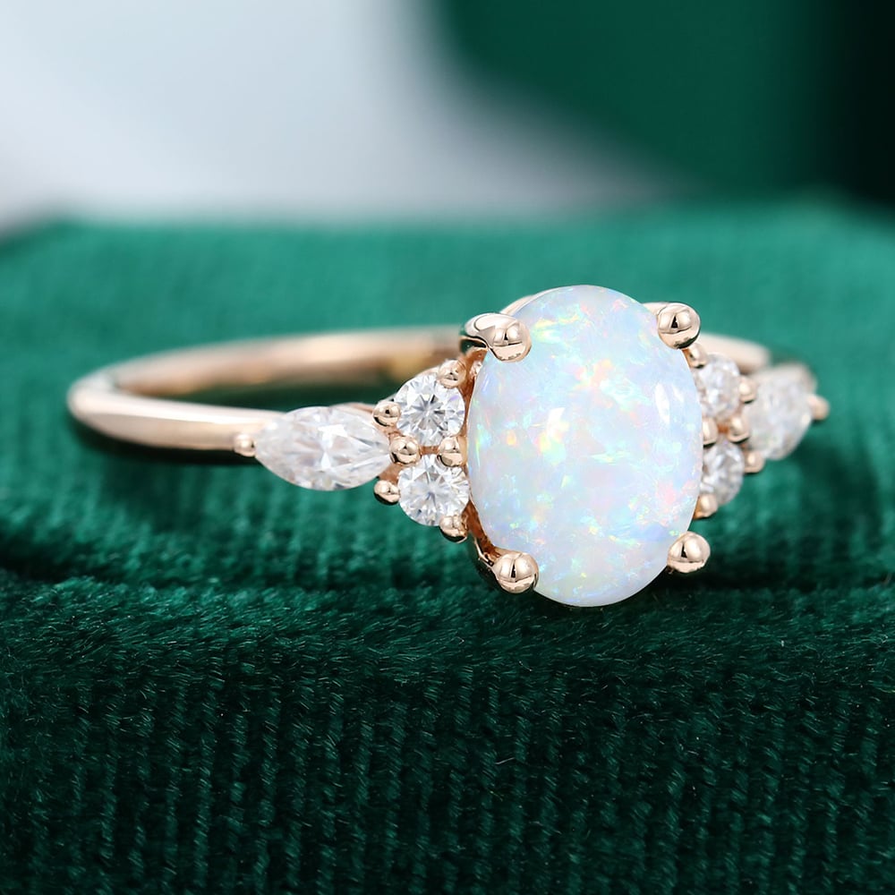 Oval Cut Natural Opal Engagement Ring Moissanite Accented Promise Ring