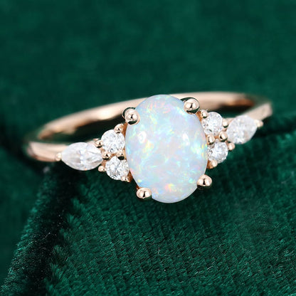 Oval Cut Natural Opal Engagement Ring Moissanite Accented Promise Ring