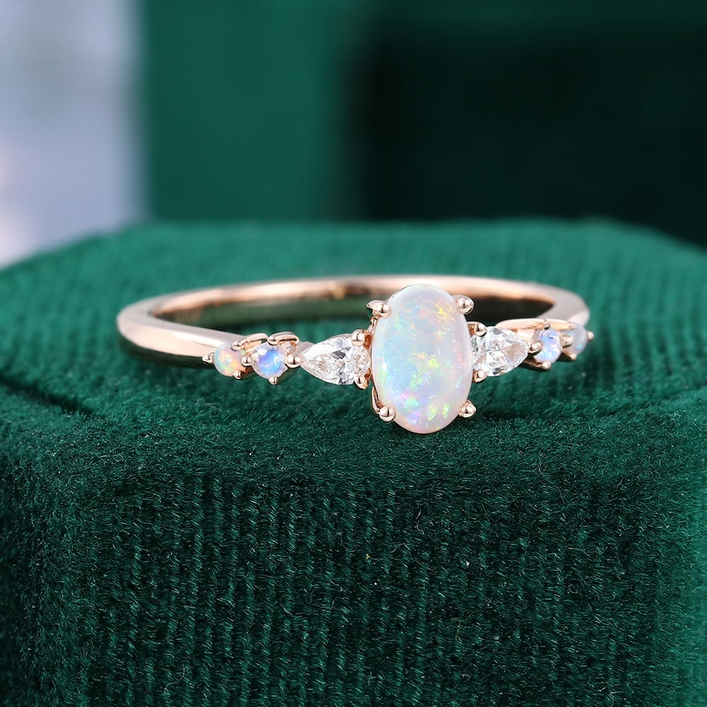 Oval Opal Trio Side Stones Engagement Ring Dainty Promise Ring