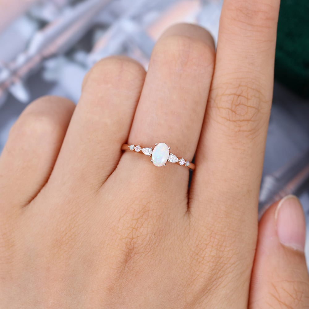 Oval Opal Trio Side Stones Engagement Ring Dainty Promise Ring