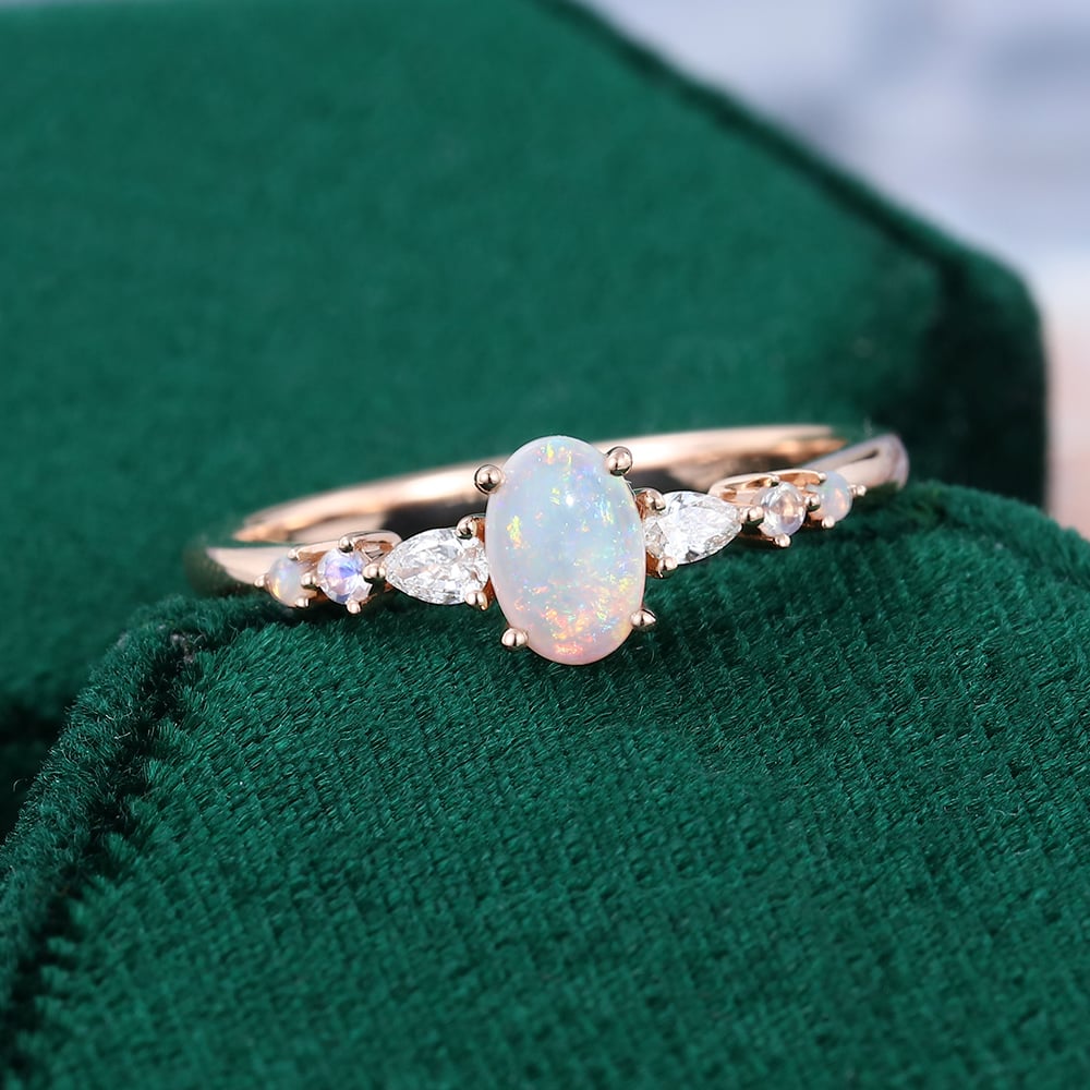 Oval Opal Trio Side Stones Engagement Ring Dainty Promise Ring