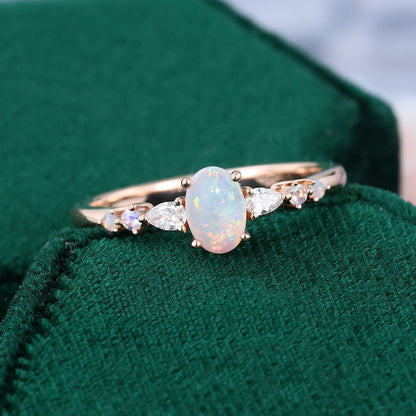 Oval Opal Trio Side Stones Engagement Ring Dainty Promise Ring