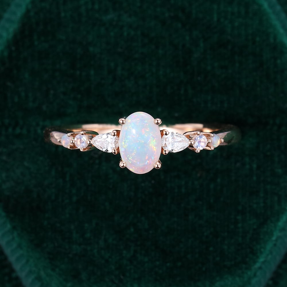 Oval Opal Trio Side Stones Engagement Ring Dainty Promise Ring