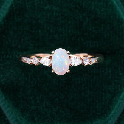 Oval Opal Trio Side Stones Engagement Ring Dainty Promise Ring