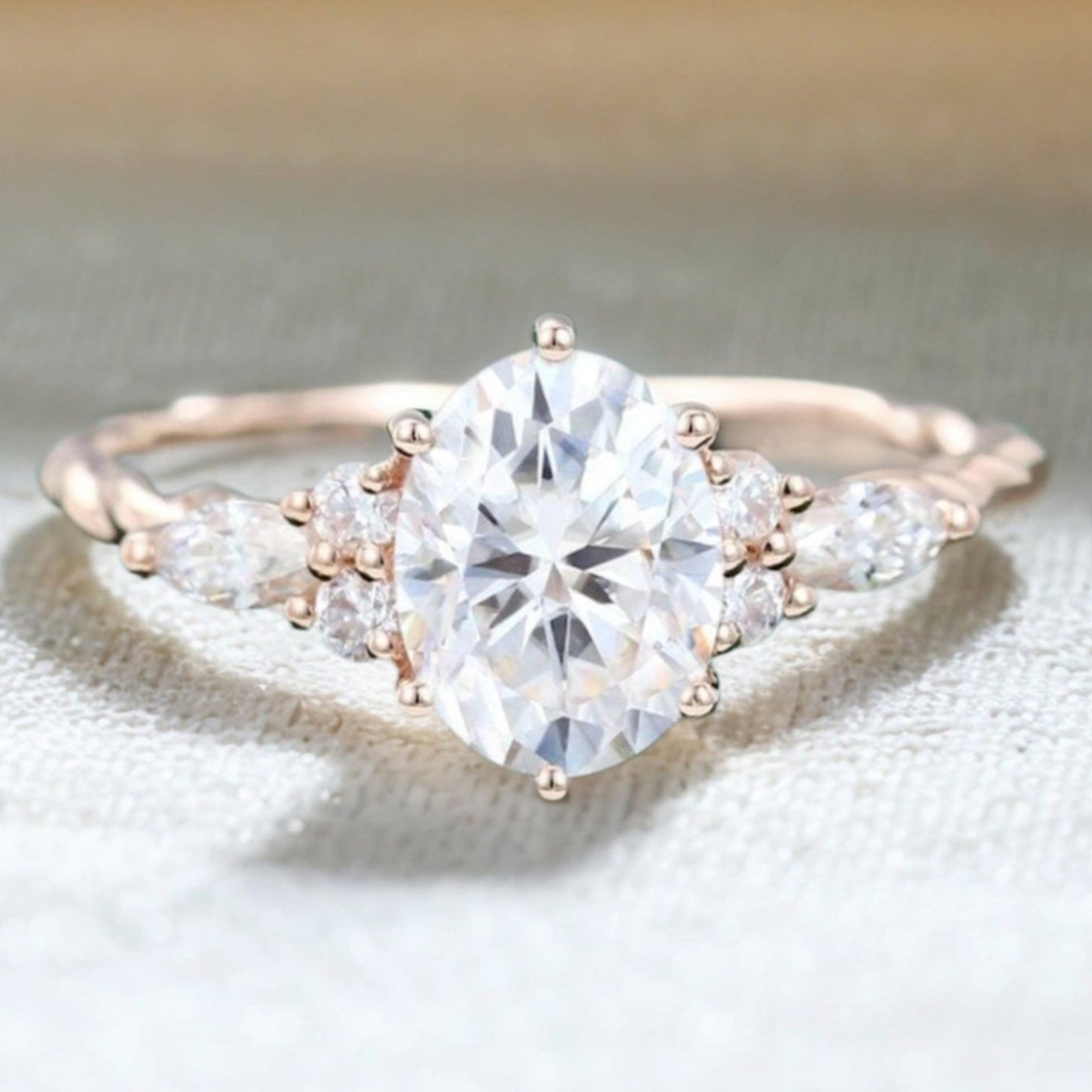 Oval Cut Moissanite Twisted Band Classic Side Stone Engagement Ring