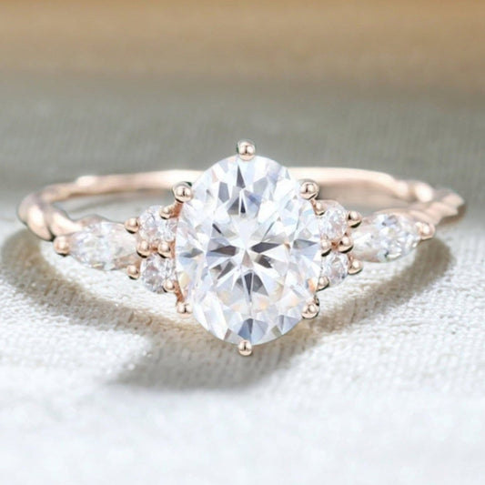 Oval Cut Moissanite Twisted Band Classic Side Stone Engagement Ring