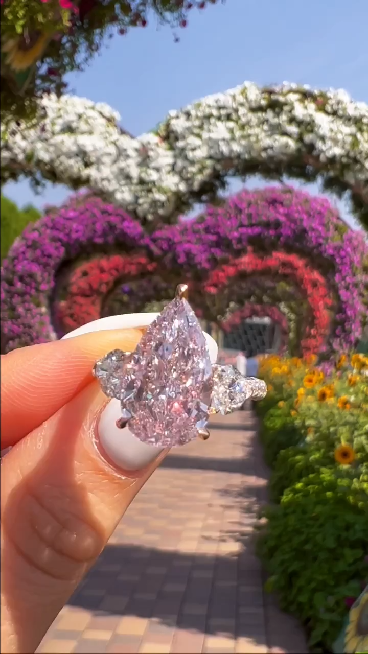 Gorgeous Pear Cut Pink Sapphire Three Stone Engagement Ring