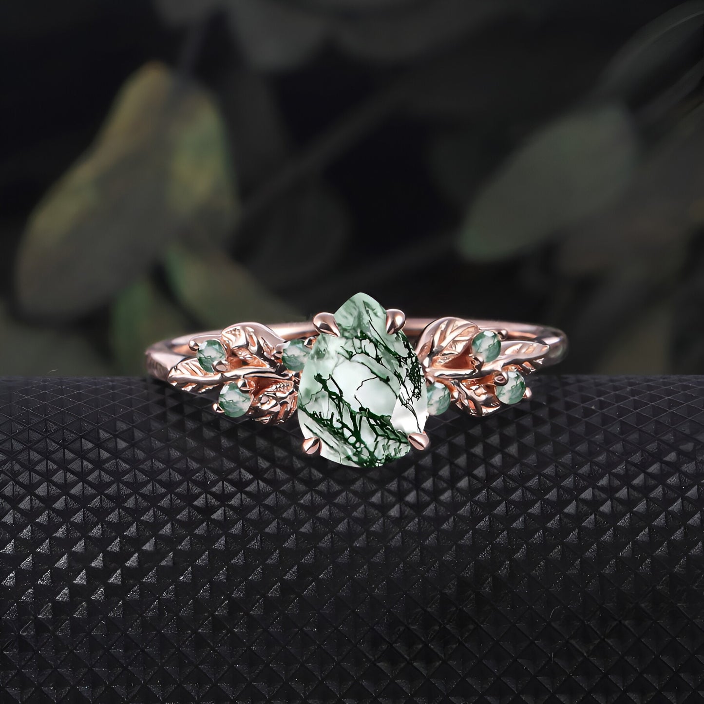 Pear shaped Moss Agate Engagement  Promise Ring Leaf Nature Inspired Bridal Set