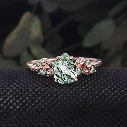 Pear shaped Moss Agate Engagement  Promise Ring Leaf Nature Inspired Bridal Set