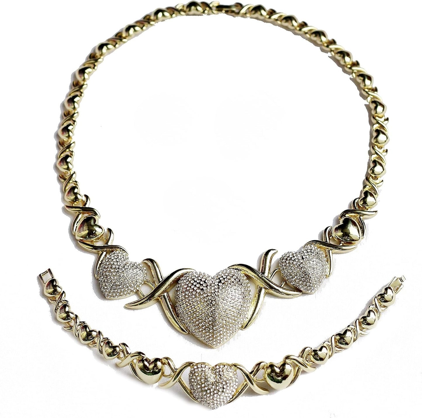 Triple Heart XO Chain Necklace: Diamond-Paved Trio Love Symbol
