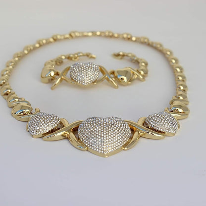 Triple Heart XO Chain Necklace: Diamond-Paved Trio Love Symbol