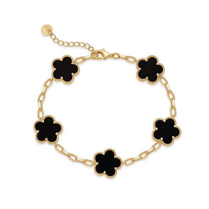 14K Gold Plated Four Leaf Clover Bracelet for Women - Adjustable Lucky Flower Jewelry with Mother of Pearl & Onyx - Trendy Gift