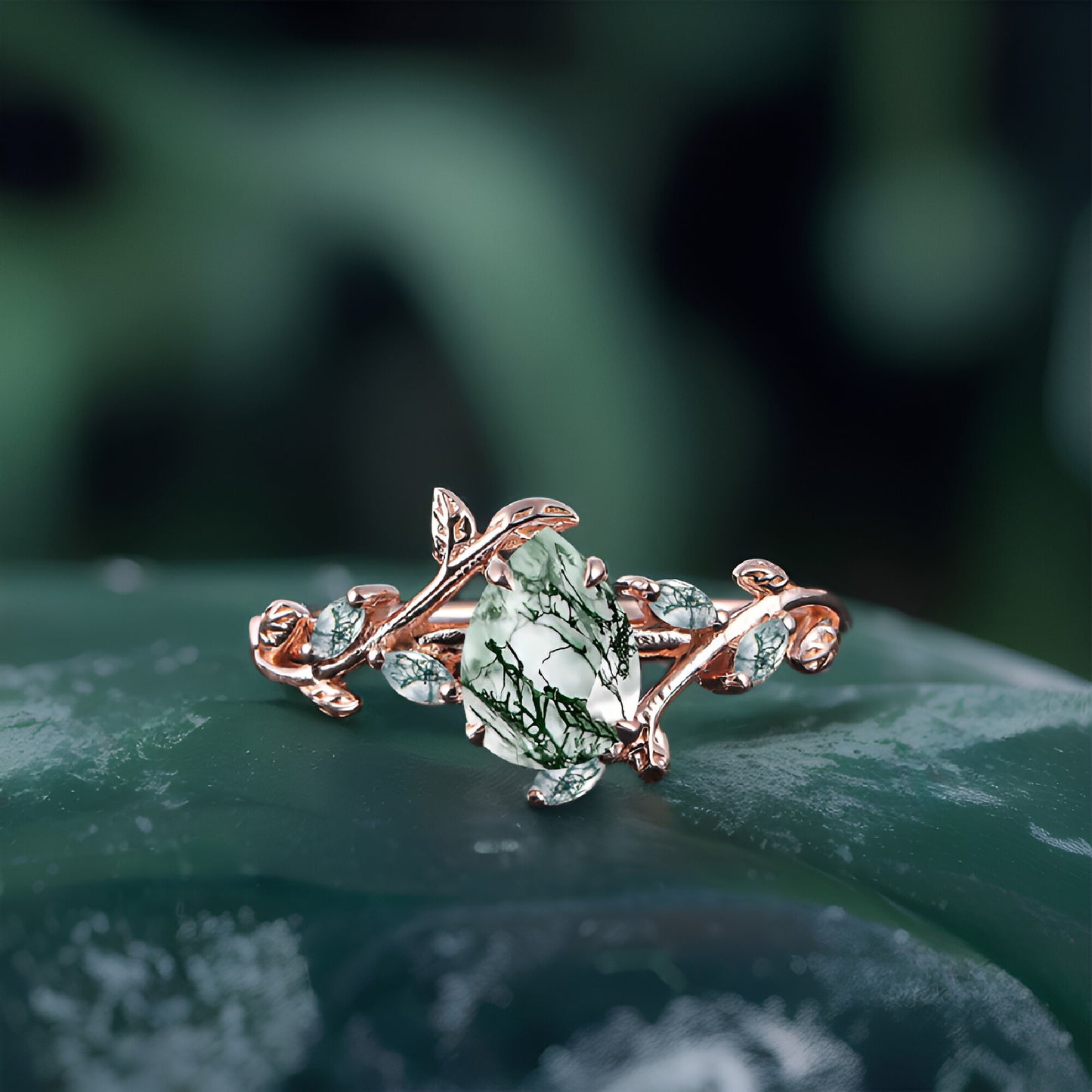 Pear shaped Moss Agate Engagement  Promise Ring Leaf Nature Inspired Bridal Set