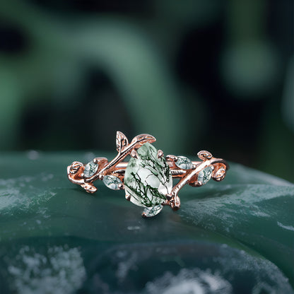 Pear shaped Moss Agate Engagement  Promise Ring Leaf Nature Inspired Bridal Set