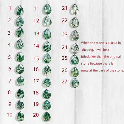 Pear shaped Moss Agate Engagement  Promise Ring Leaf Nature Inspired Bridal Set