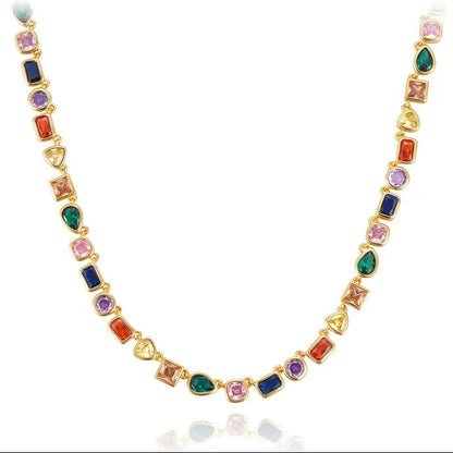 Gold-Plated Rainbow Tennis Necklace: Unisex Chain Featuring Colorful Zirconia and Emeralds