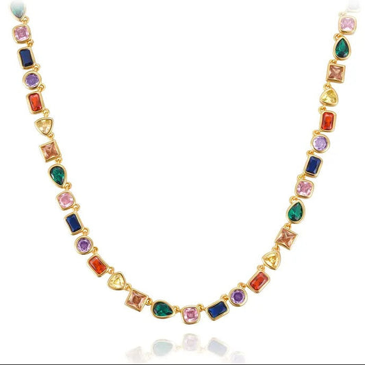 Gold-Plated Rainbow Tennis Necklace: Unisex Chain Featuring Colorful Zirconia and Emeralds