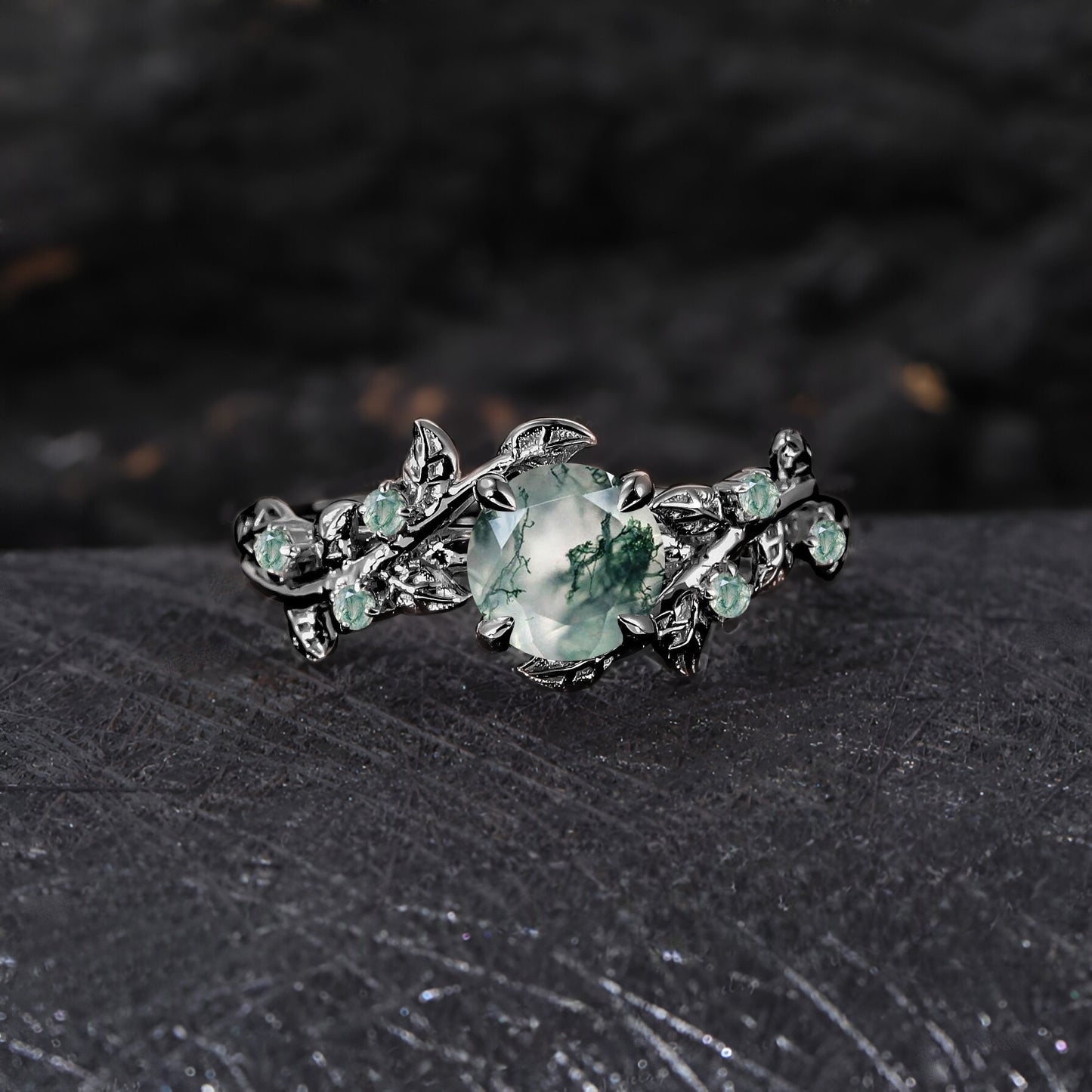 Vintage Moss Agate Engagement Ring Art Deco Leaf Promise Ring