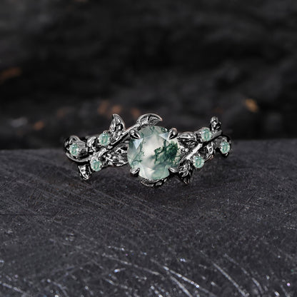 Vintage Moss Agate Engagement Ring Art Deco Leaf Promise Ring