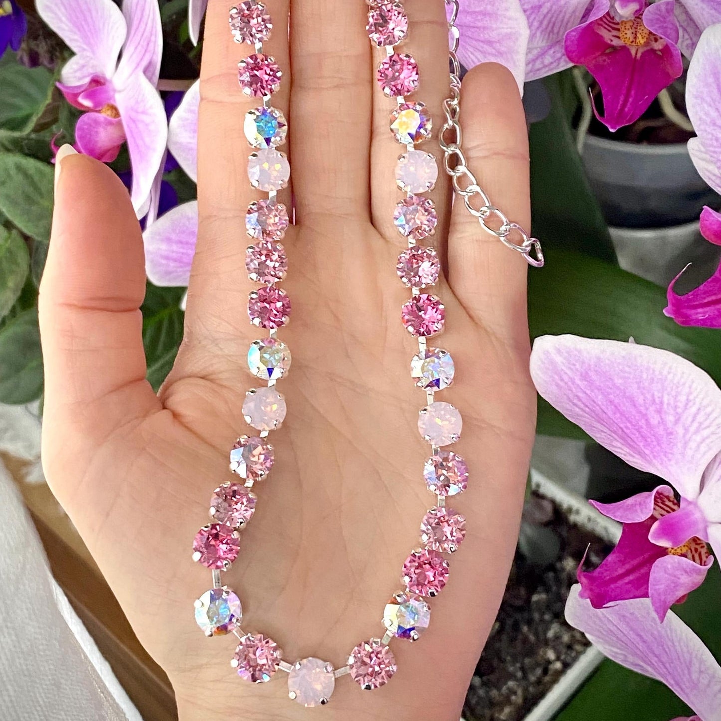 Gradient Pink Crystal Tennis Necklace