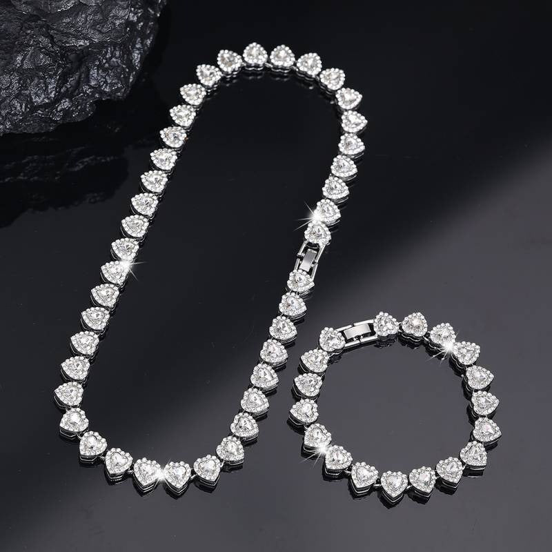Heart-Shaped Cuban Link Necklace Set Hip-Hop Style Choker Combo Luxury Jewelry Set