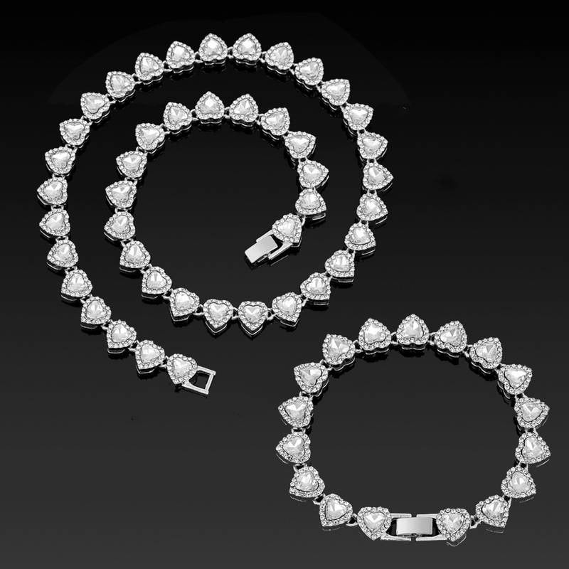 Heart-Shaped Cuban Link Necklace Set Hip-Hop Style Choker Combo Luxury Jewelry Set