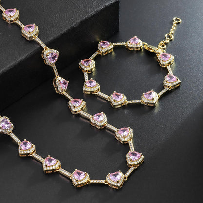 Heart Pink Gem Necklace Elegant Rose Pink Crystal Jewelry Set Dazzling Gift for Her