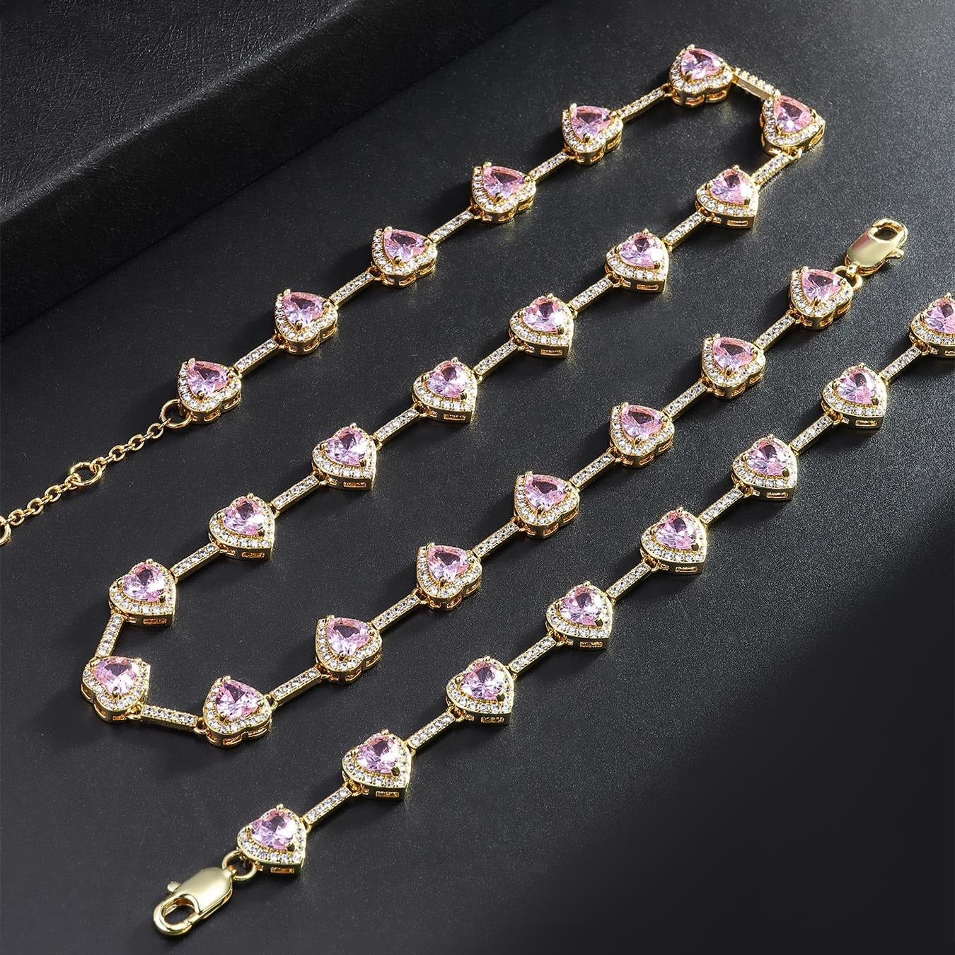 Heart Pink Gem Necklace Elegant Rose Pink Crystal Jewelry Set Dazzling Gift for Her