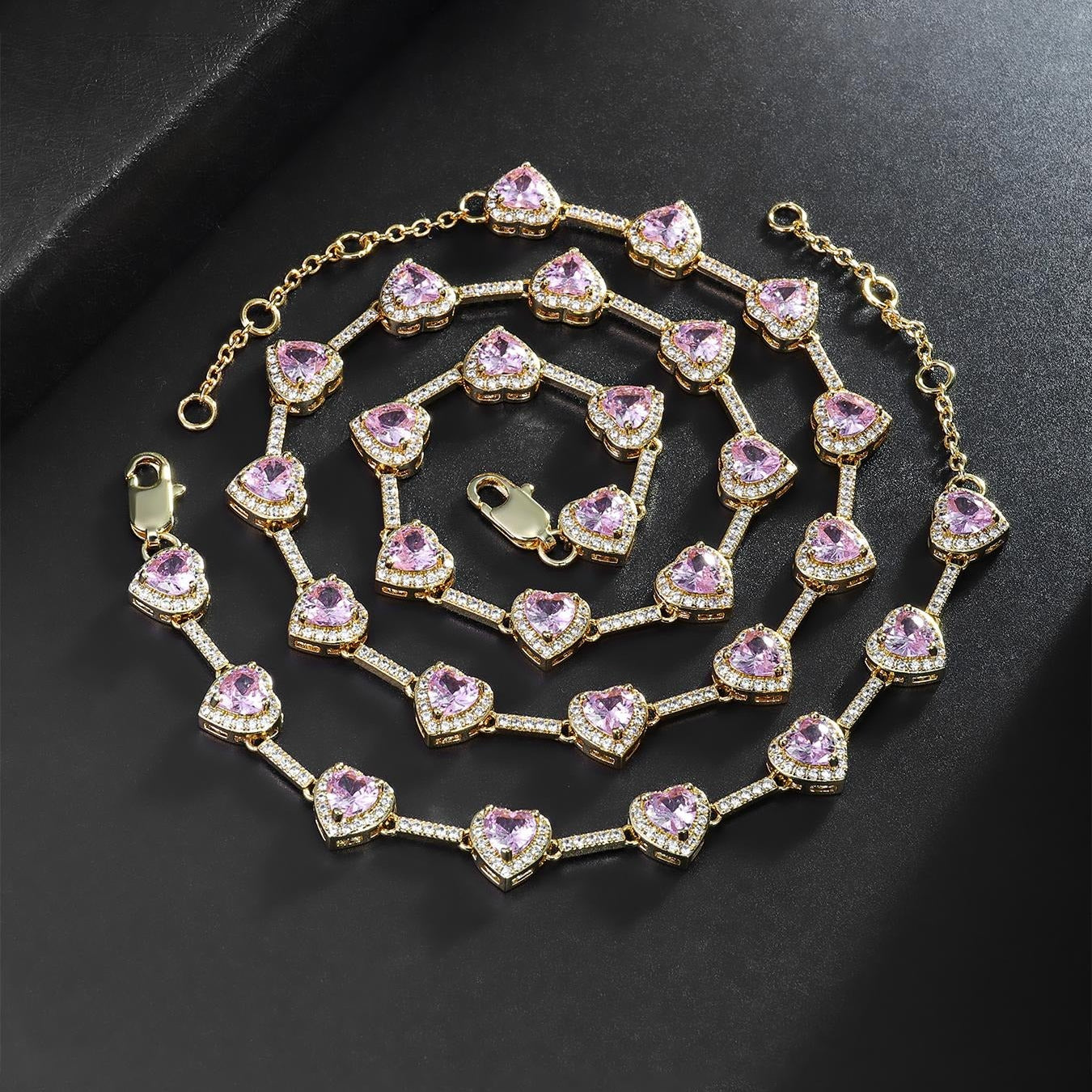 Heart Pink Gem Necklace Elegant Rose Pink Crystal Jewelry Set Dazzling Gift for Her