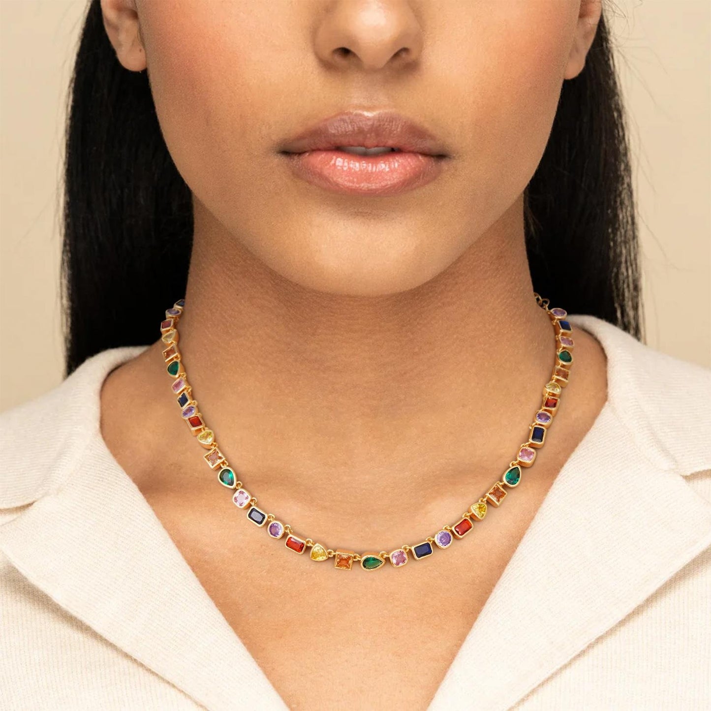 Gold-Plated Rainbow Tennis Necklace: Unisex Chain Featuring Colorful Zirconia and Emeralds