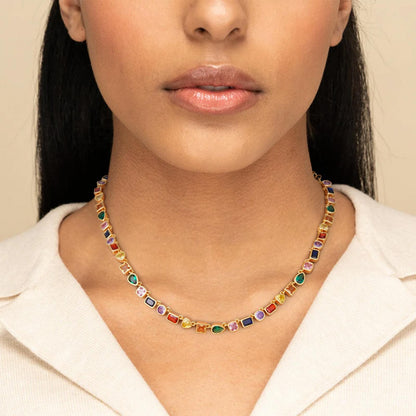 Gold-Plated Rainbow Tennis Necklace: Unisex Chain Featuring Colorful Zirconia and Emeralds