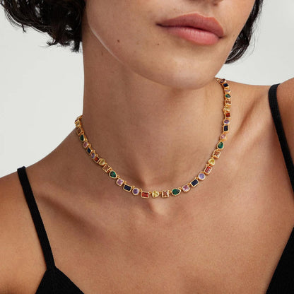 Gold-Plated Rainbow Tennis Necklace: Unisex Chain Featuring Colorful Zirconia and Emeralds