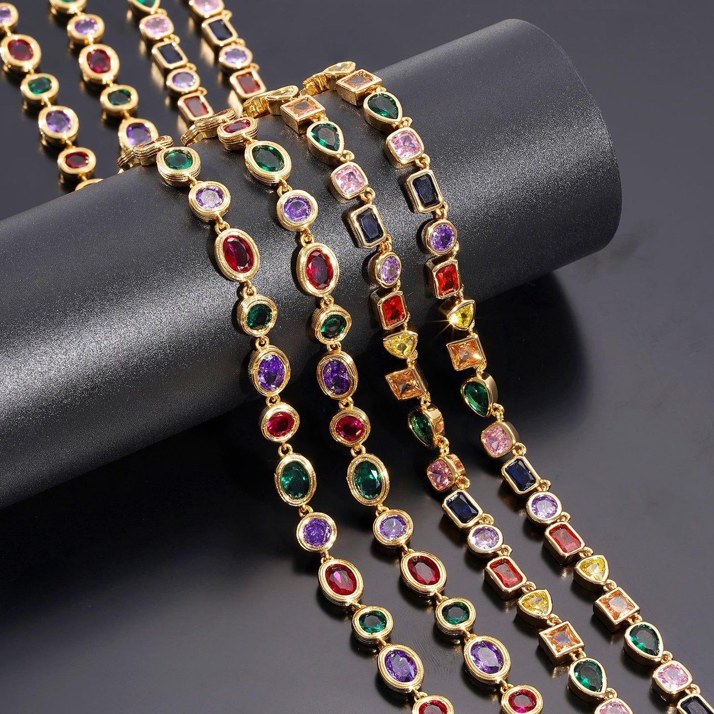 Gold-Plated Rainbow Tennis Necklace: Unisex Chain Featuring Colorful Zirconia and Emeralds