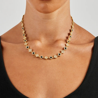 Black Enamel Clover Diamond Gemstone Necklace