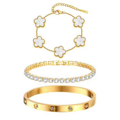 Golden Bloom Stacking Bracelet Set – 3-Piece Gold Plated Bangle & Tennis Chain
