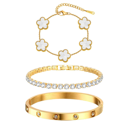Golden Bloom Stacking Bracelet Set – 3-Piece Gold Plated Bangle & Tennis Chain