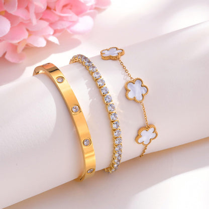 Golden Bloom Stacking Bracelet Set – 3-Piece Gold Plated Bangle & Tennis Chain