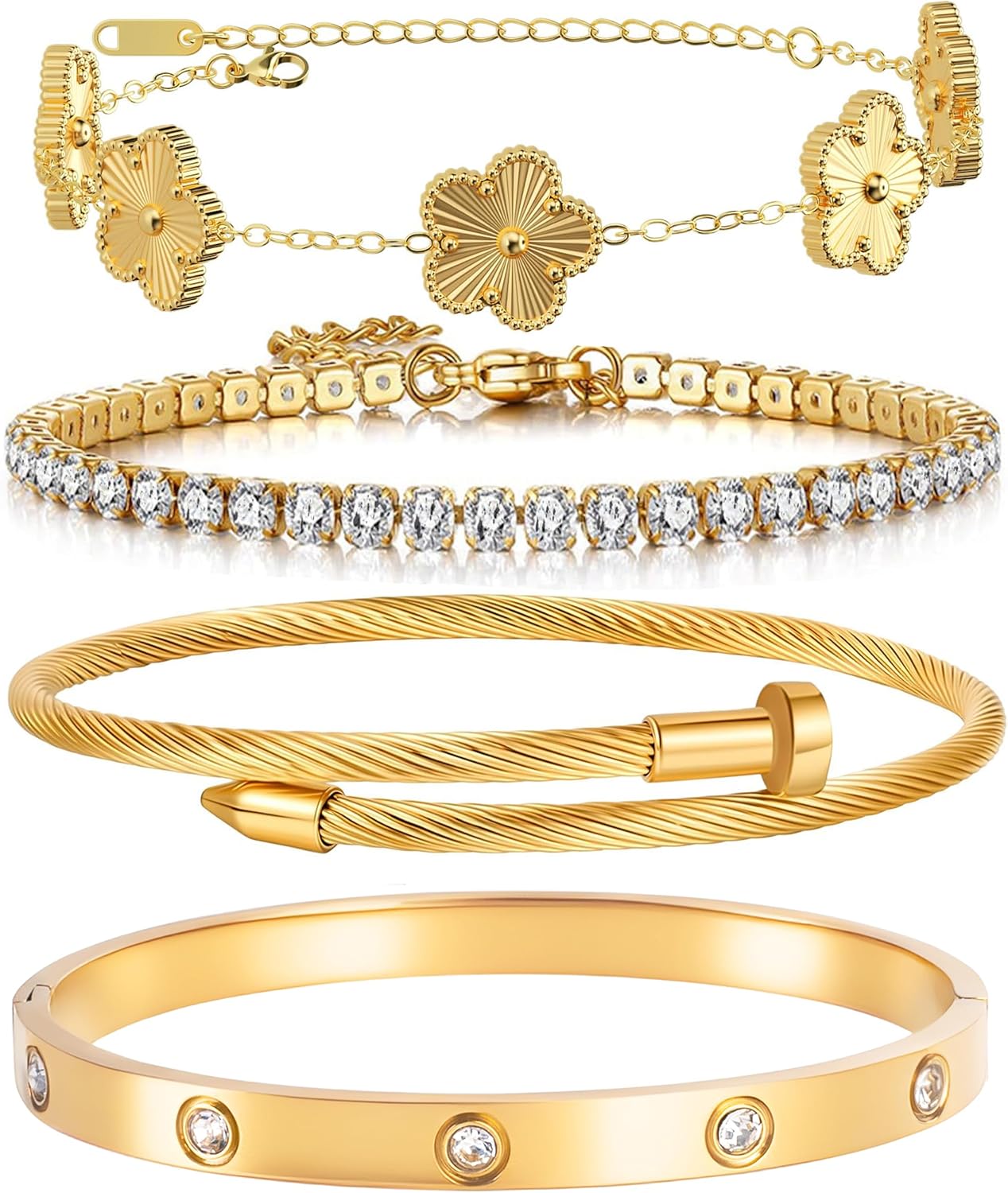 Lucky Layers: 4-Piece Gold Plated Stacking Bracelet Set