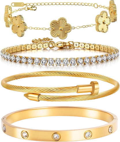 Lucky Layers: 4-Piece Gold Plated Stacking Bracelet Set