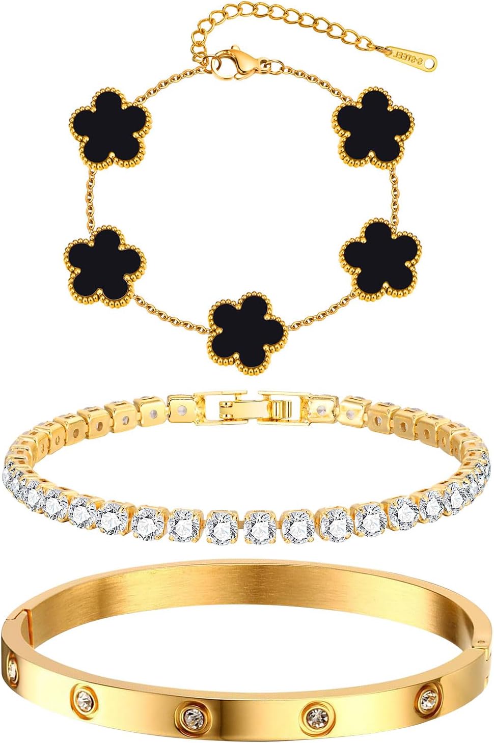 Golden Bloom Stacking Bracelet Set – 3-Piece Gold Plated Bangle & Tennis Chain